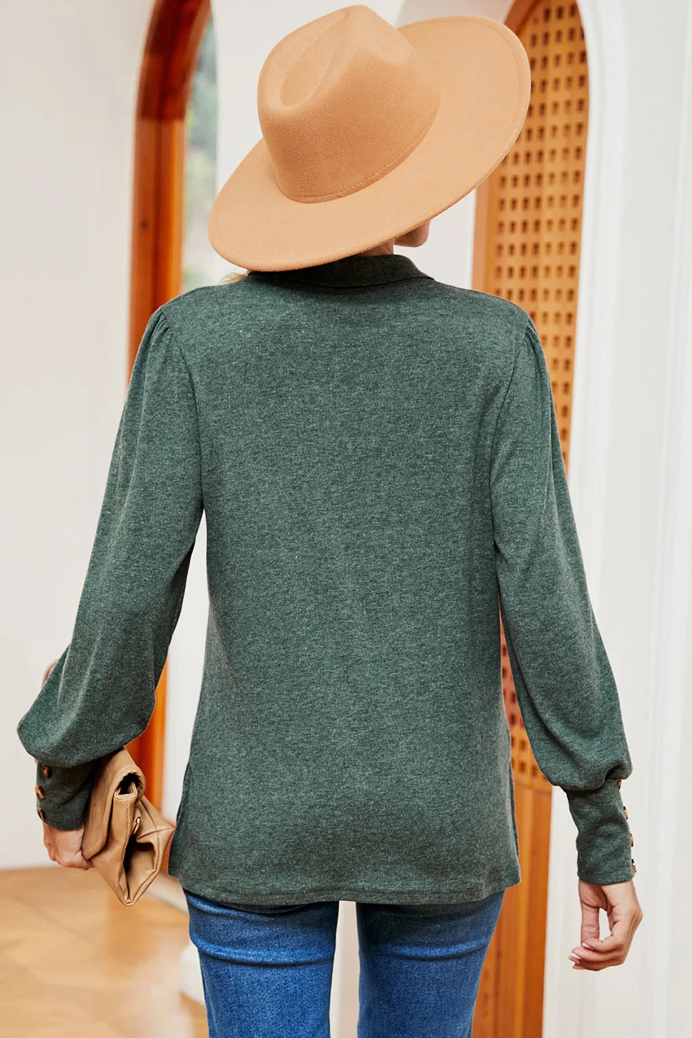 Decorative Button Johnny Collar Lantern Sleeve Blouse, image 9
