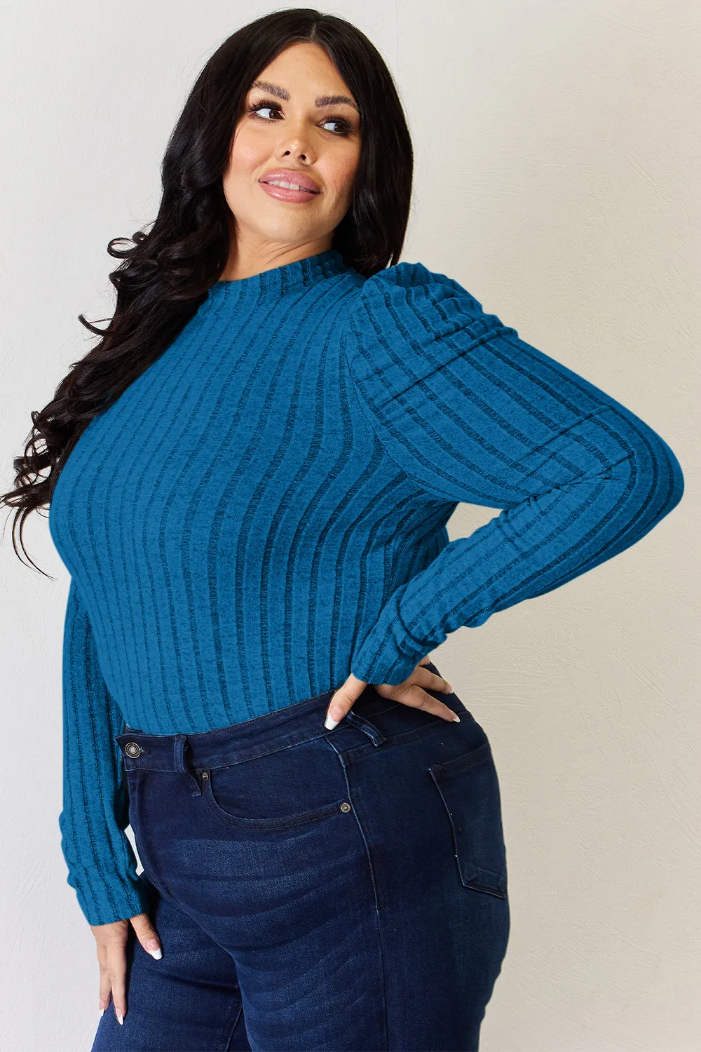 Full Size Ribbed Mock Neck Puff Sleeve T-Shirt, image 34