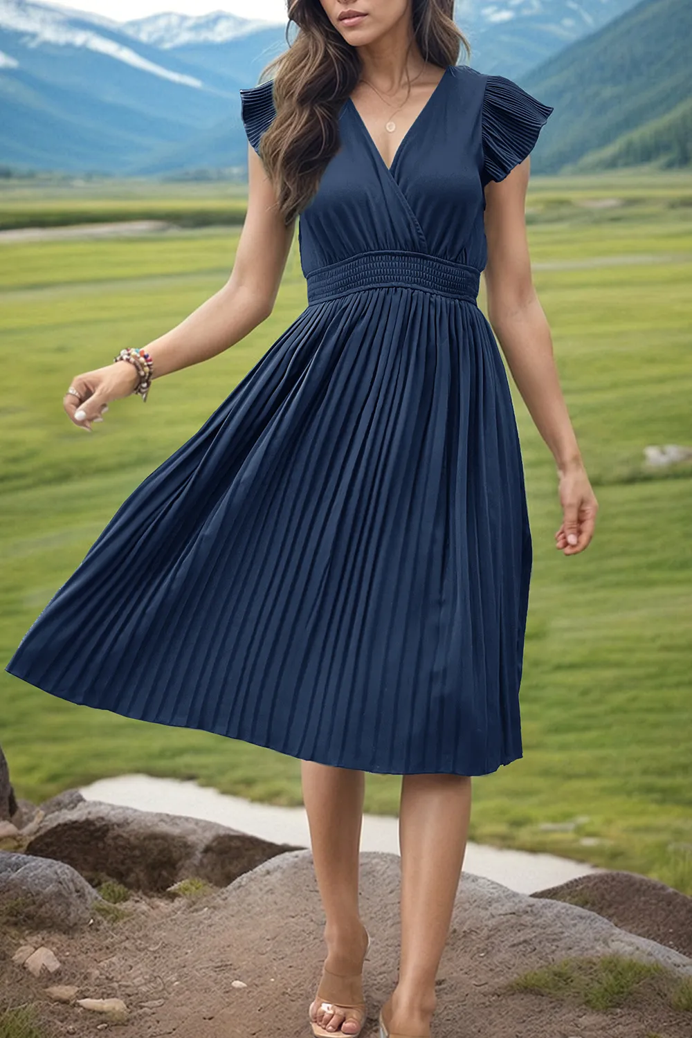 Tied Smocked Waist Flutter Sleeve Dress, image 15