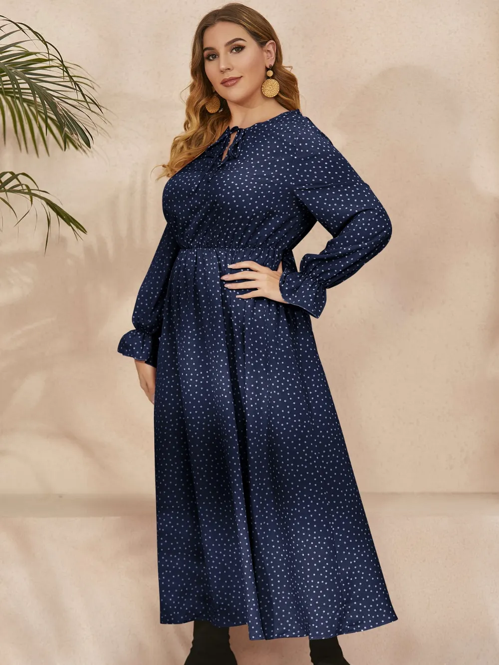 Plus Size Ruffled Polka Dot Long Sleeve Midi Dress, image 16
