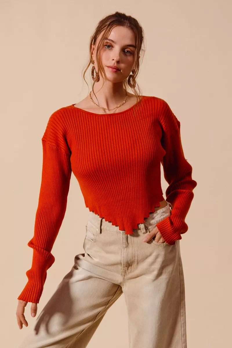 Rib Knitted Crop Sweater Top With Shaped Hem