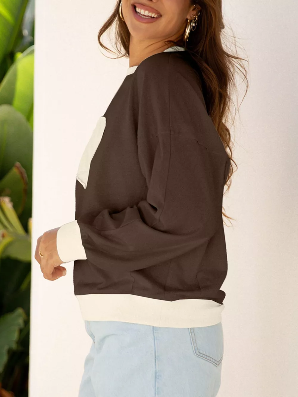 Raw Edge Flower Patch Drop Shoulder Casual Top, image 16