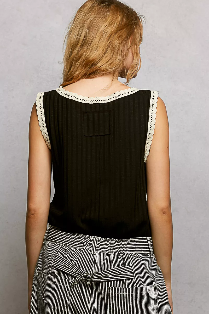Ribbed Round Neck Tank with Lace Trim, image 5