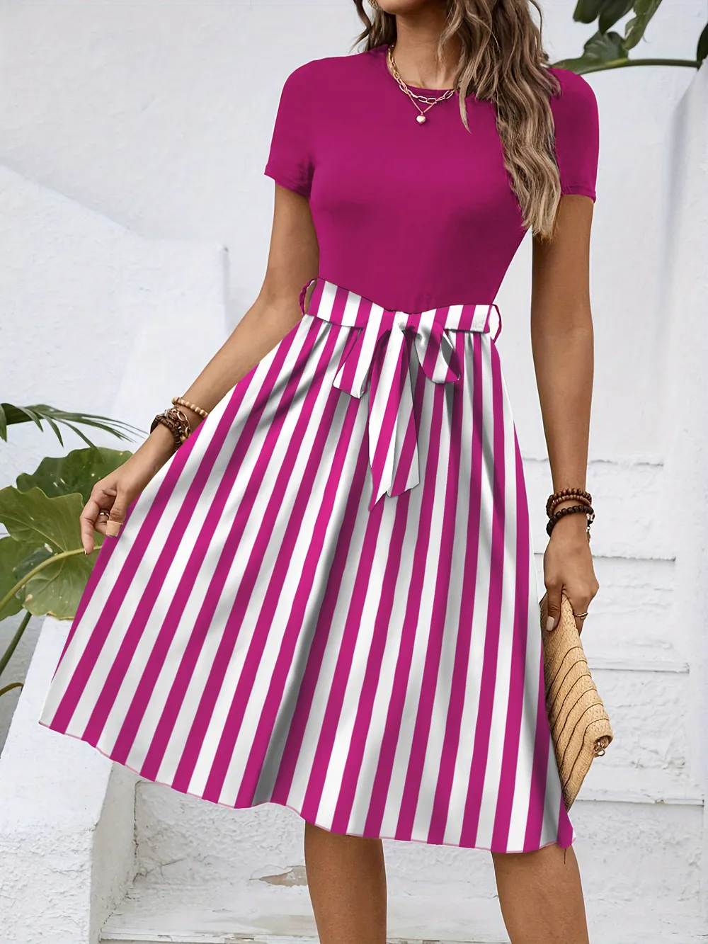 Striped Round Neck Short Sleeve Dress, image 18