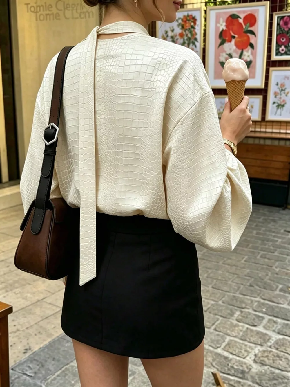 Crocodile-Embossed Surplice Balloon Sleeve Blouse, image 2