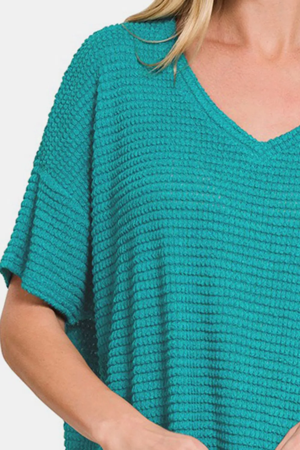 Drop Shoulder Short Sleeve Jacquard Knit Top, image 3