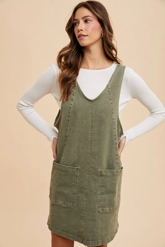 V-Neck Adjustable Strap Denim Overall Dress with Pockets, image 2