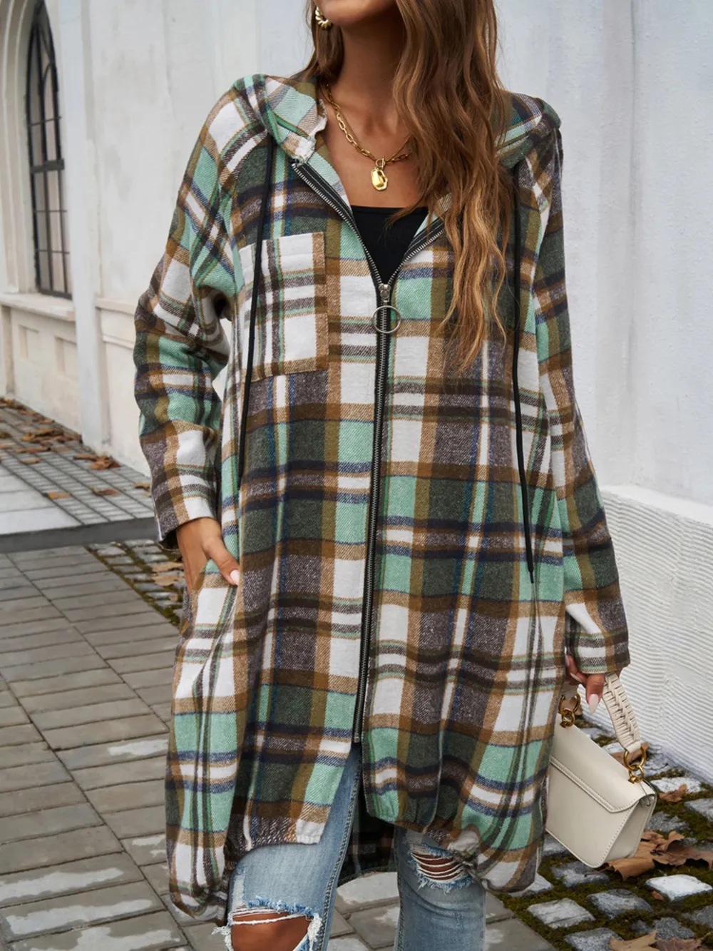 Plaid Zip Up Hooded Coat, image 11