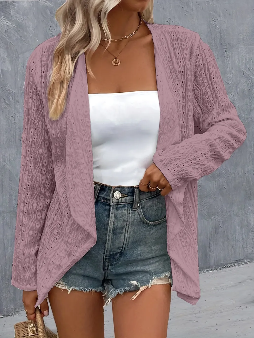 Eyelet Roll-Tab Sleeve Cardigan, image 19