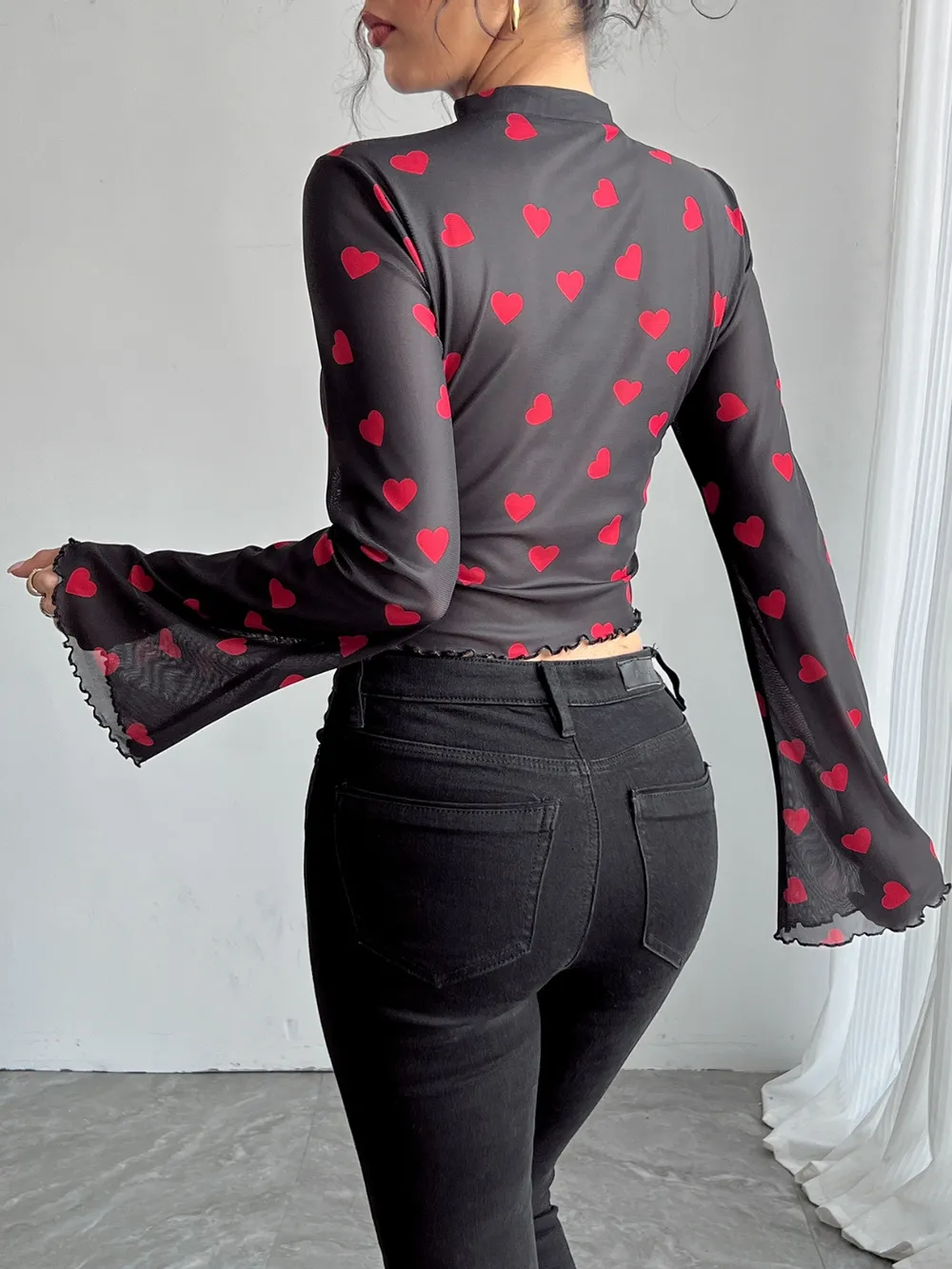 Printed Mock Neck Long Sleeve Cropped T-Shirt, image 9