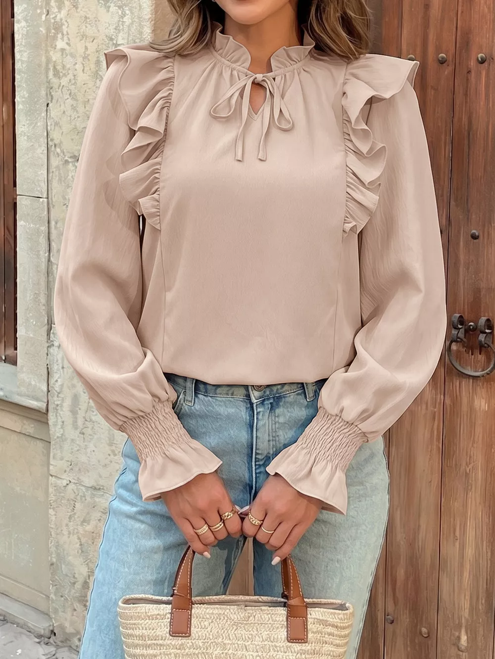 Ruffled Tie Neck Long Sleeve Blouse, image 4
