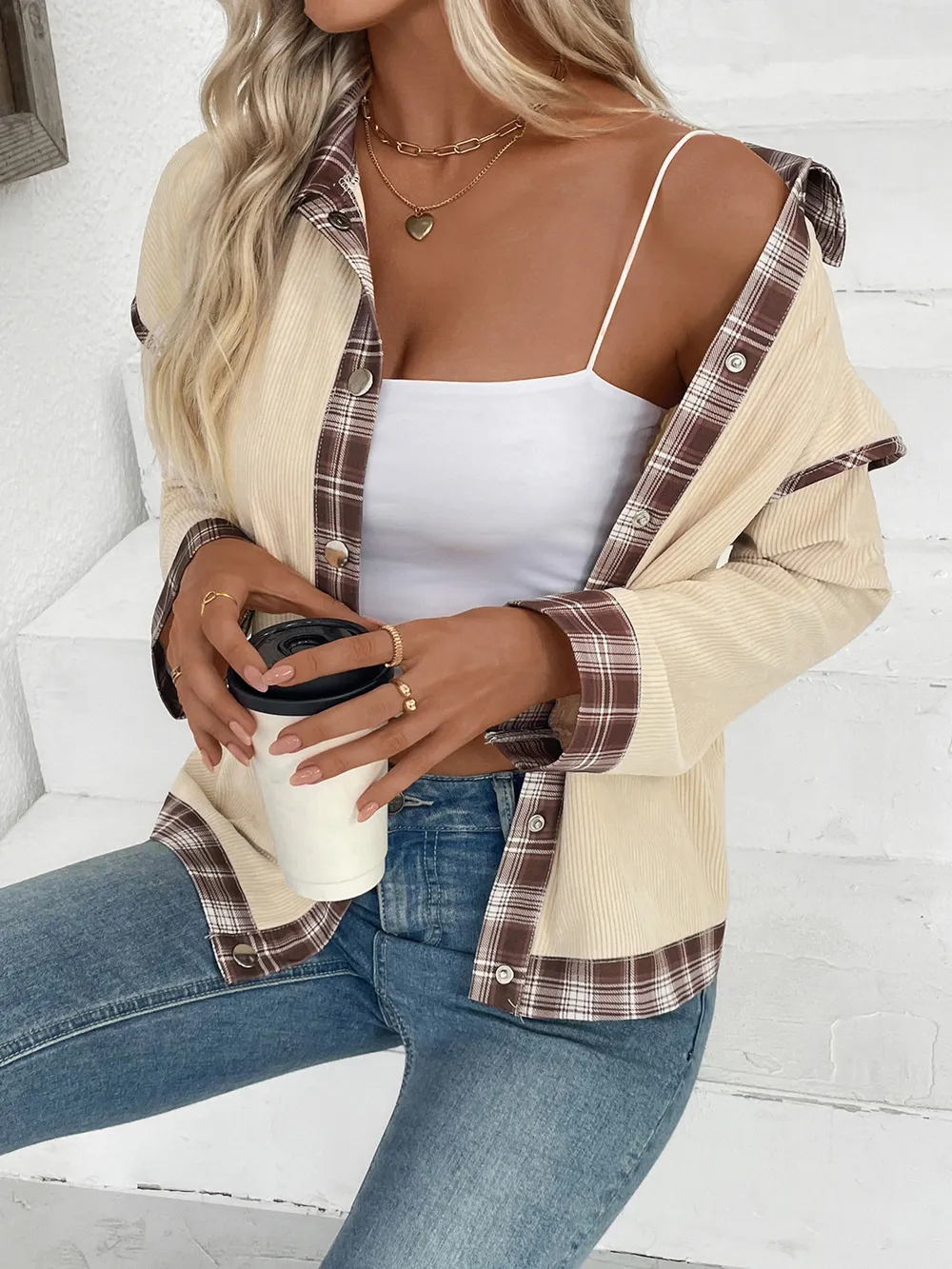Plaid Hem Button Up Long Sleeve Shacket, image 9