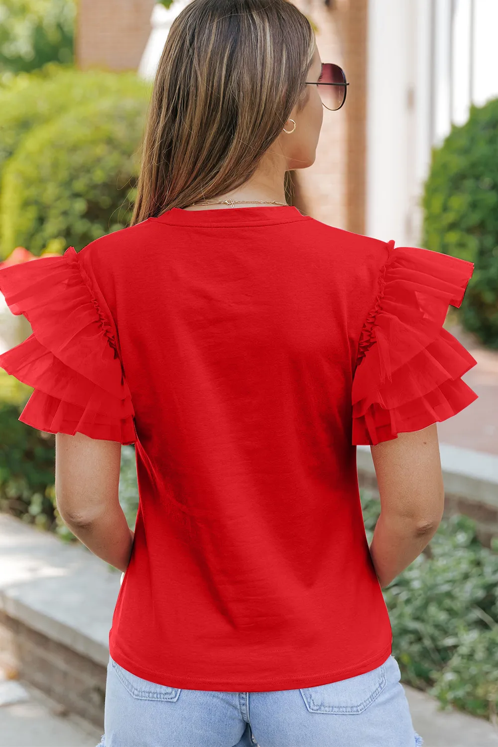 Ruffled Round Neck Short Sleeve Blouse, image 8