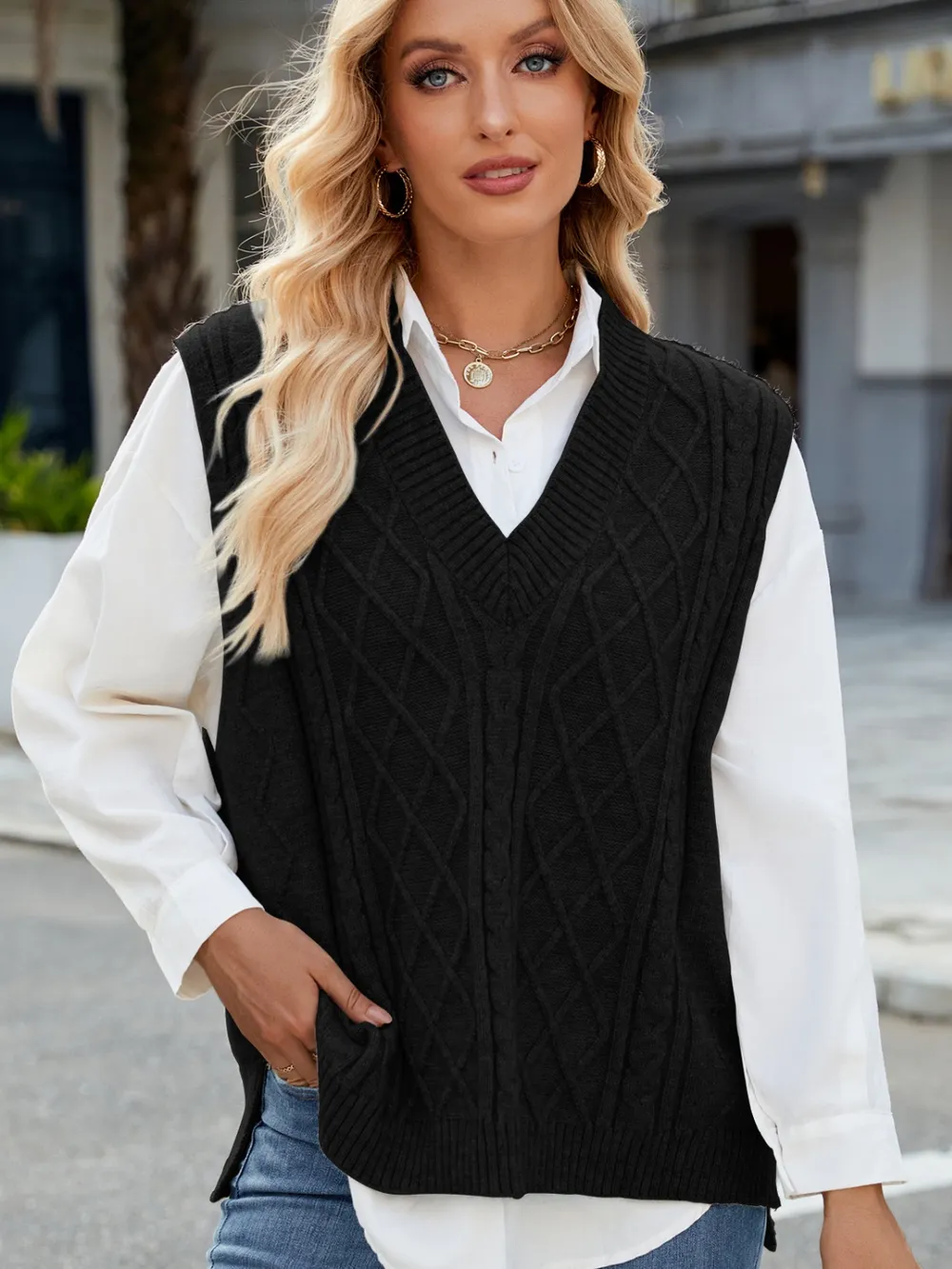 Cable Knit V-Neck Sweater Vest, image 20