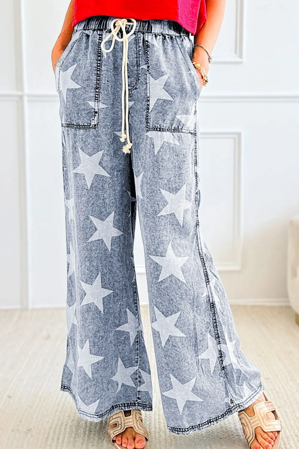 Star Print Washed Drawstring High Waist Wide Leg Jeans, image 7