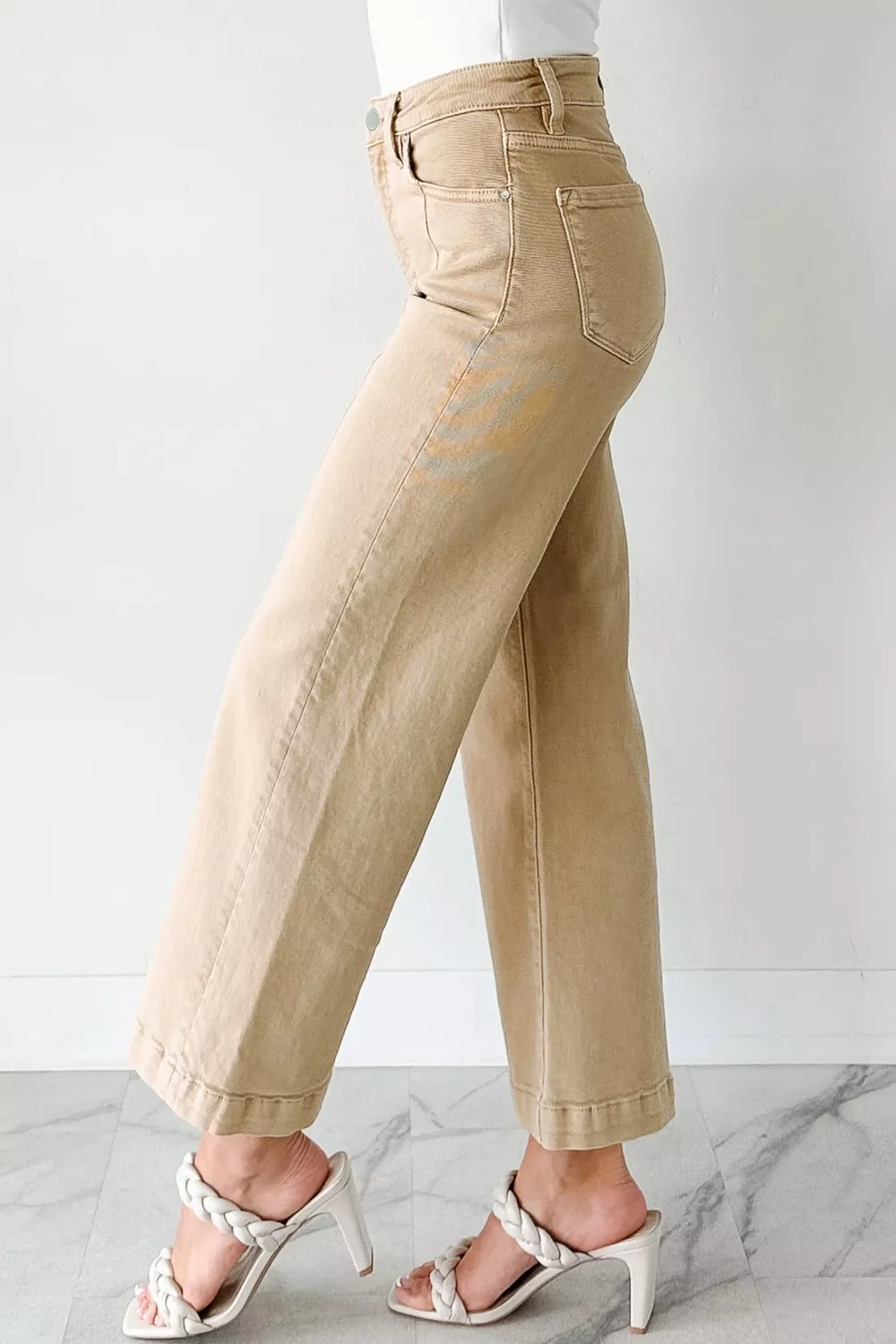 Solid Color Seamed Center Wide Leg Cropped Jeans, image 6