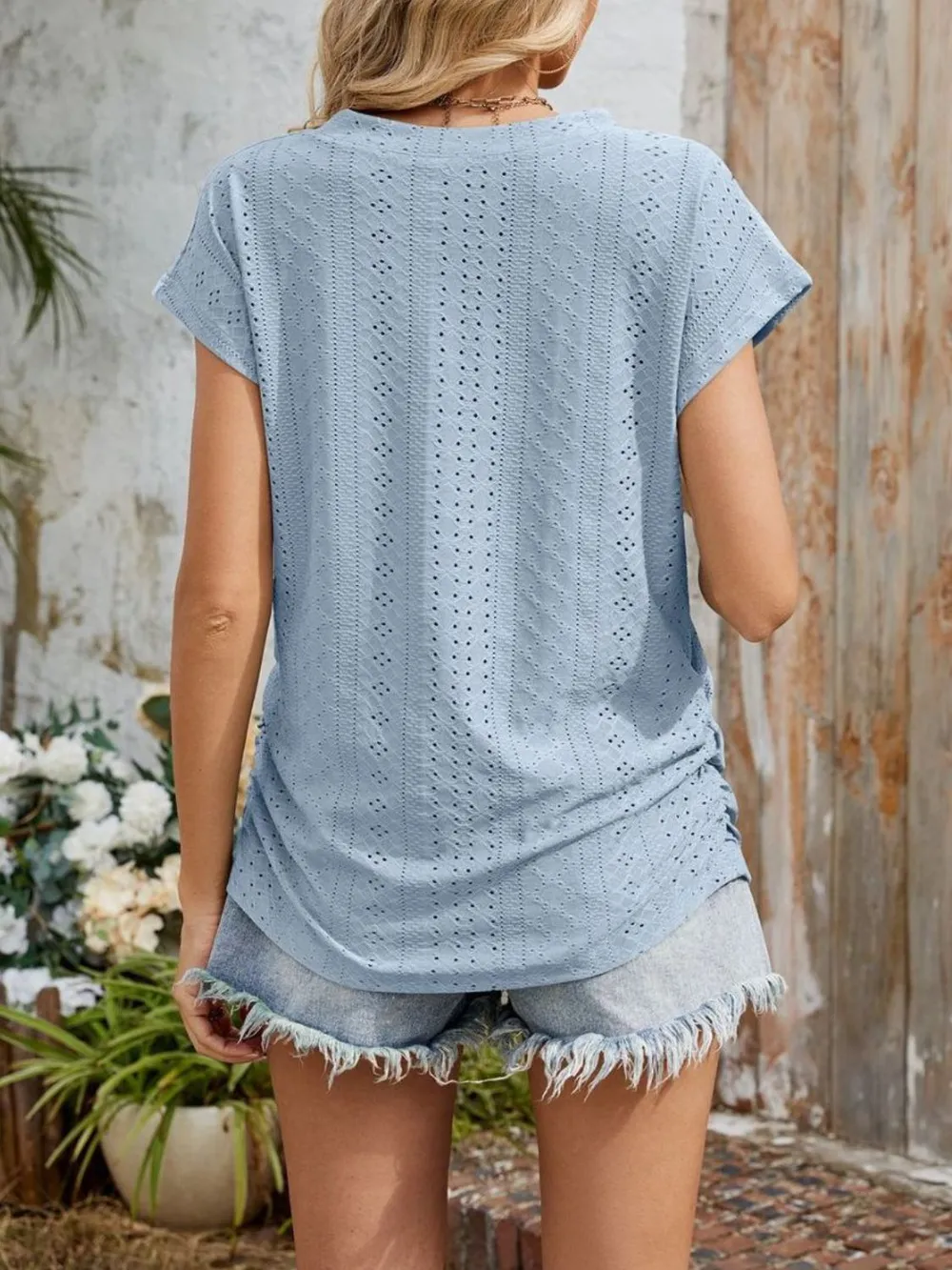 Eyelet V-Neck Short Sleeve Top, image 33