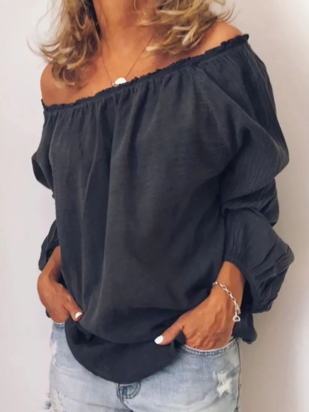 Off-Shoulder Frill Trim Blouse, image 5
