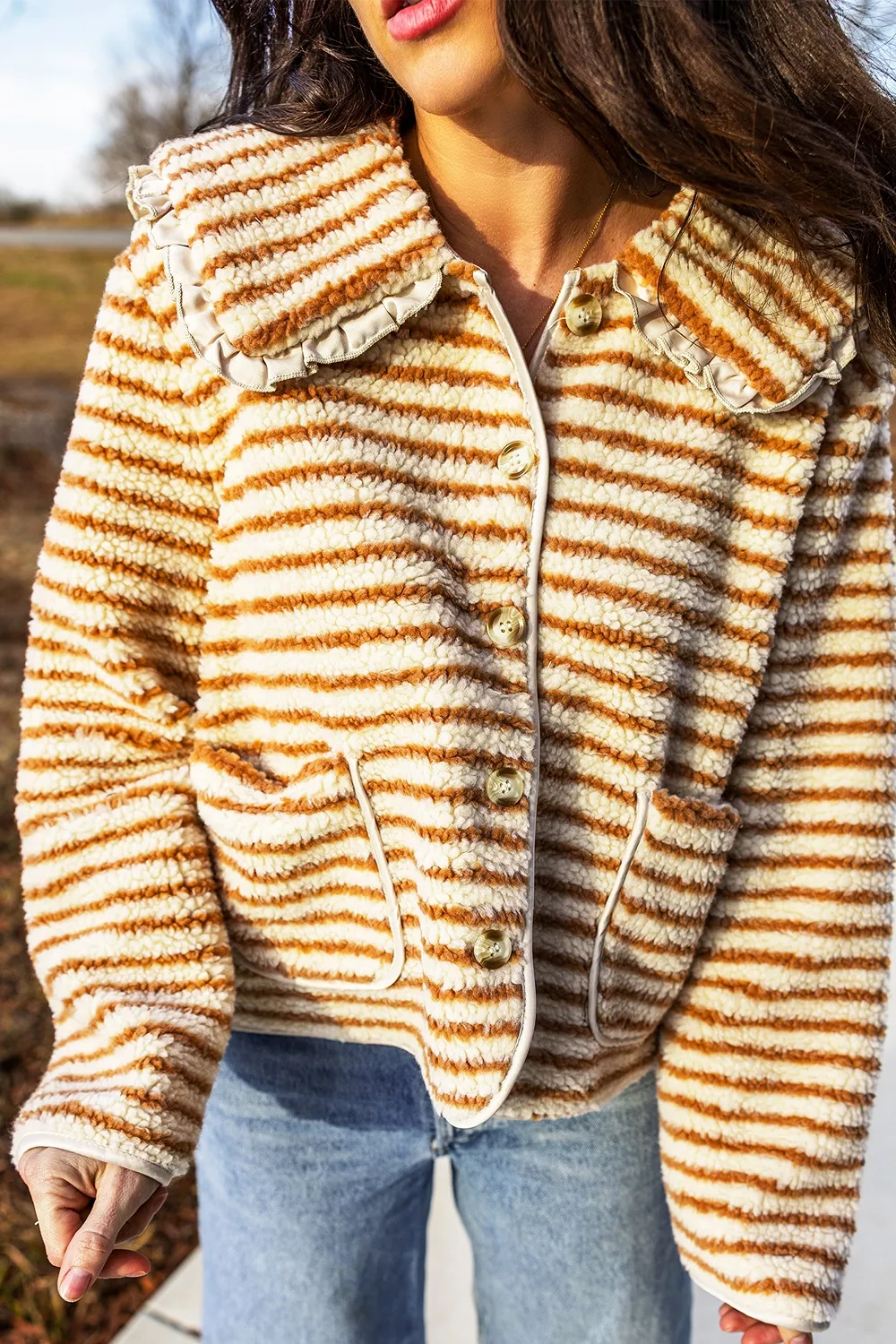 Striped Fleece Button Front Long Sleeve Regular Fit Jacket, image 4
