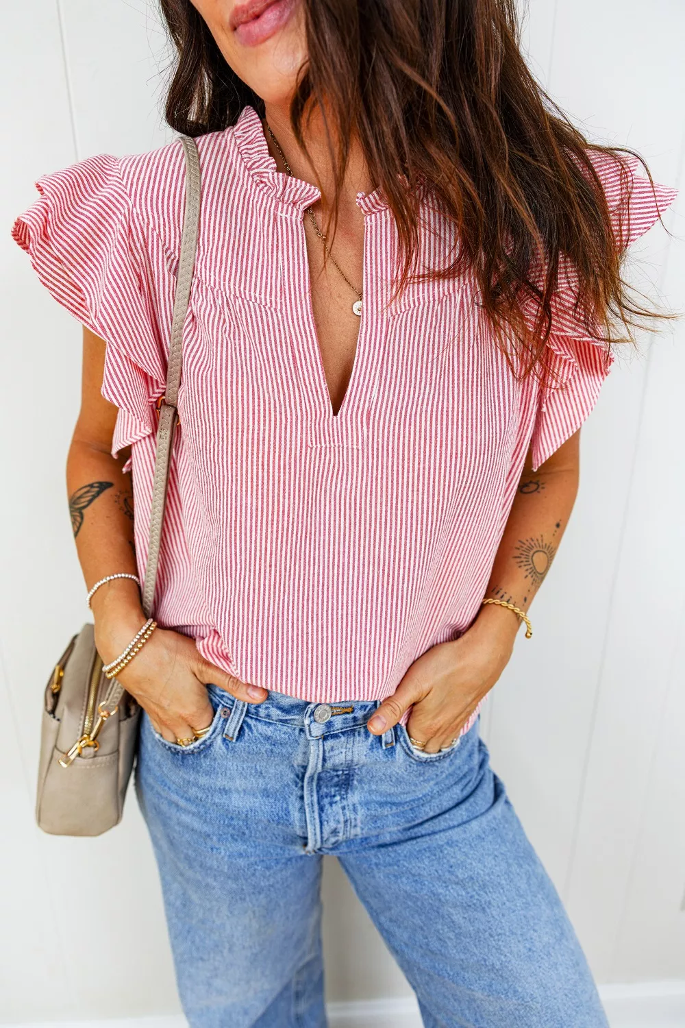 Stripe Frilly Split Neck Double Ruffled Short Sleeve Blouse, image 6
