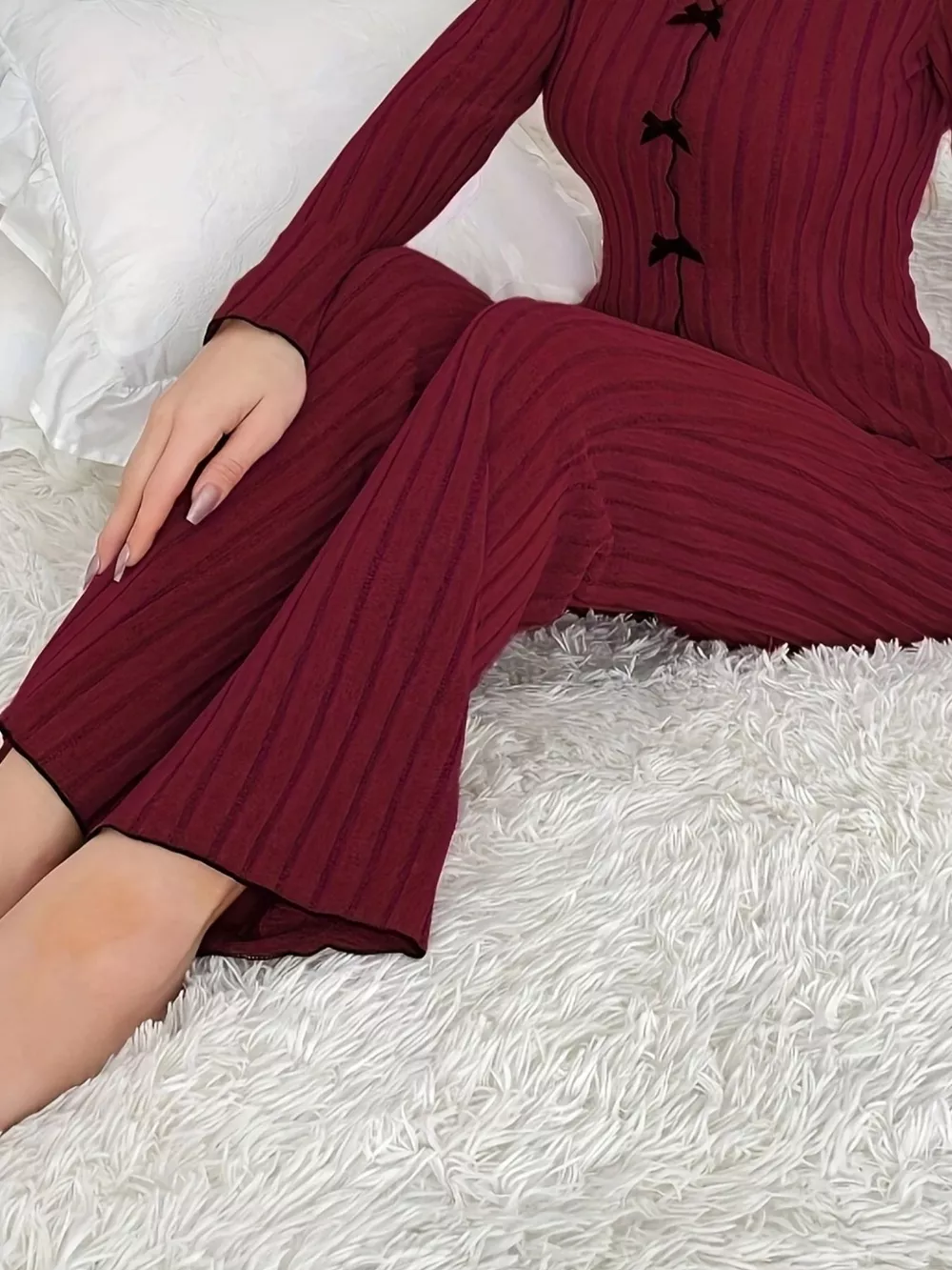 Ribbed Bow Front Top and Pants Lounge Set, image 14