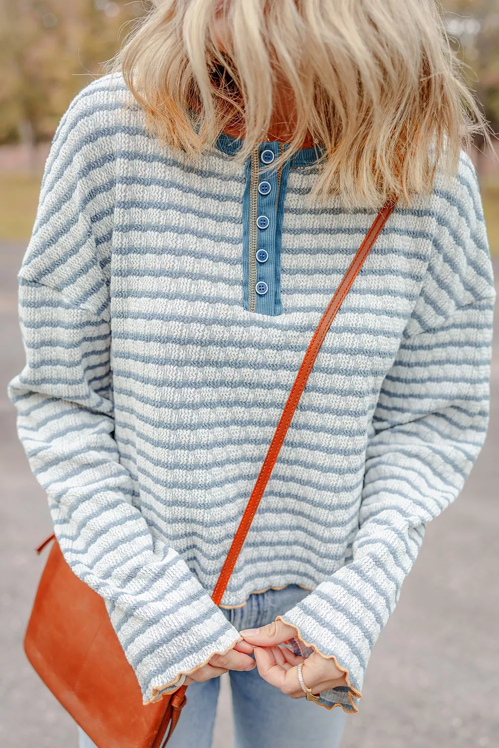 Striped Textured Knit Button Detail Top, image 5