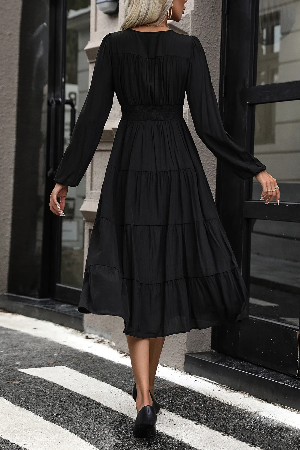 Tiered Ruched Button Up Midi Dress, image 2