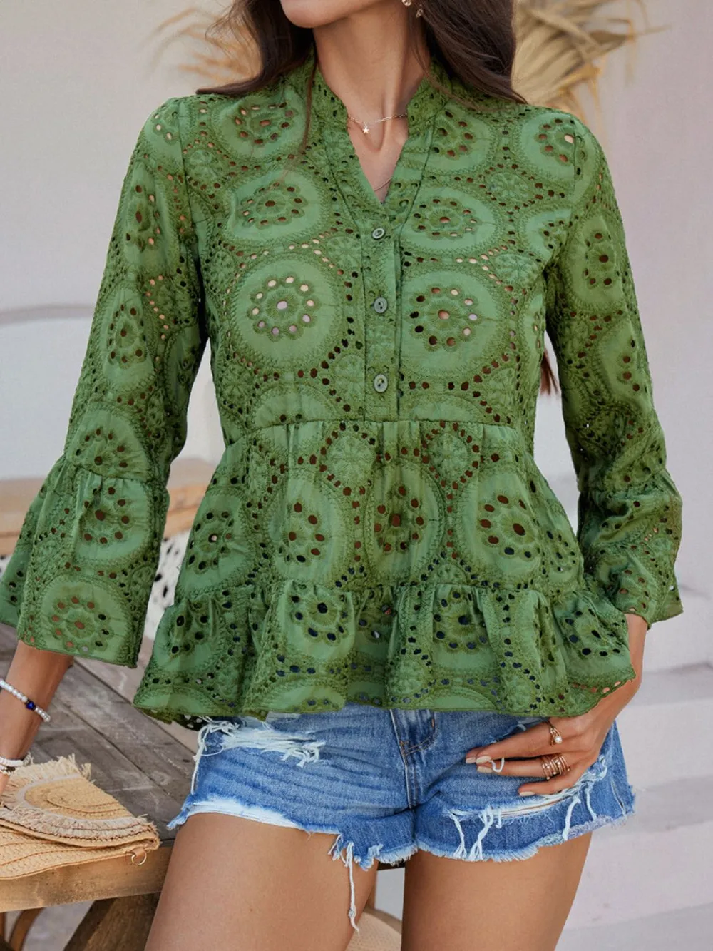Half Button Flounce Sleeve Peplum Blouse, image 2