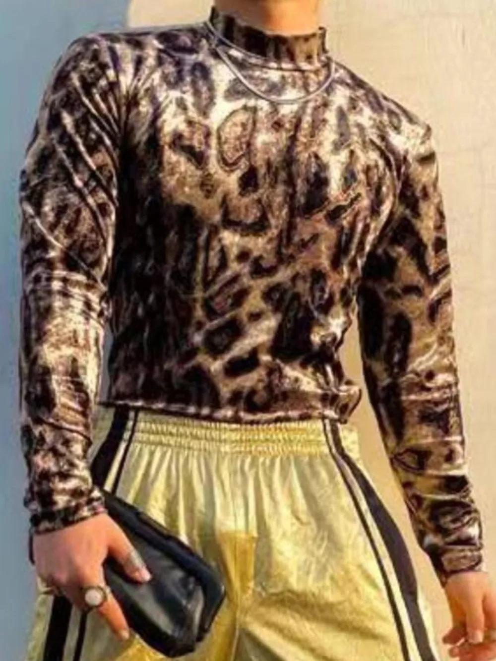 Men's Full Size Leopard Velvet Mock Neck Long Sleeve T-Shirt Plus Size, image 3