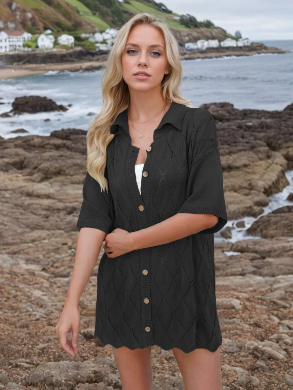 Button Down Eyelet Collared Neck Knit Shirt, image 9