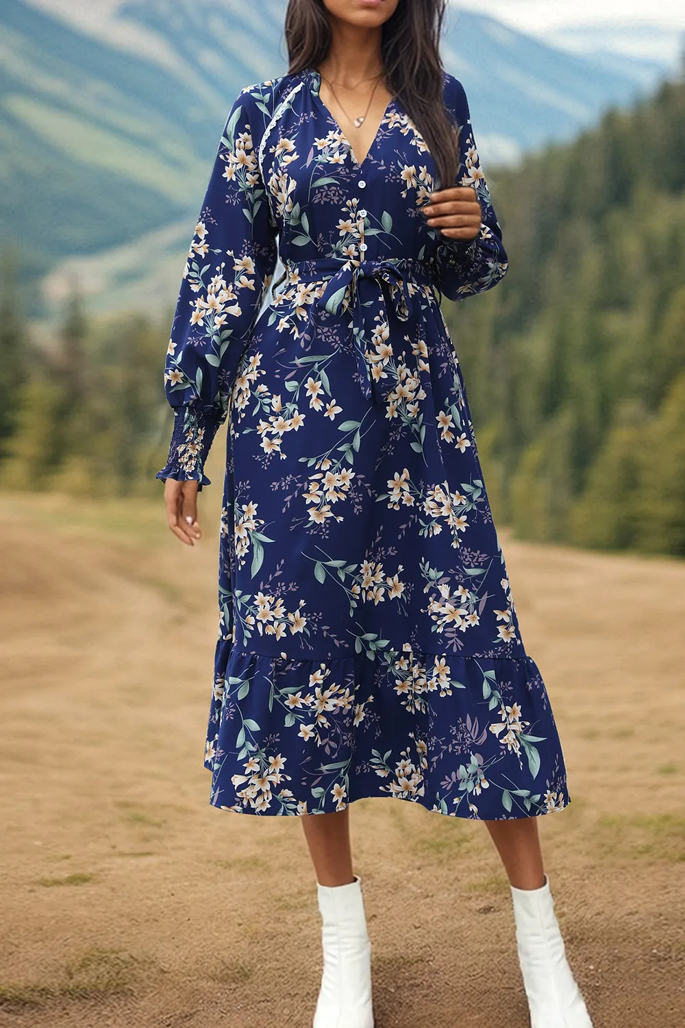 Printed Notched Lantern Sleeve Midi Dress, image 5