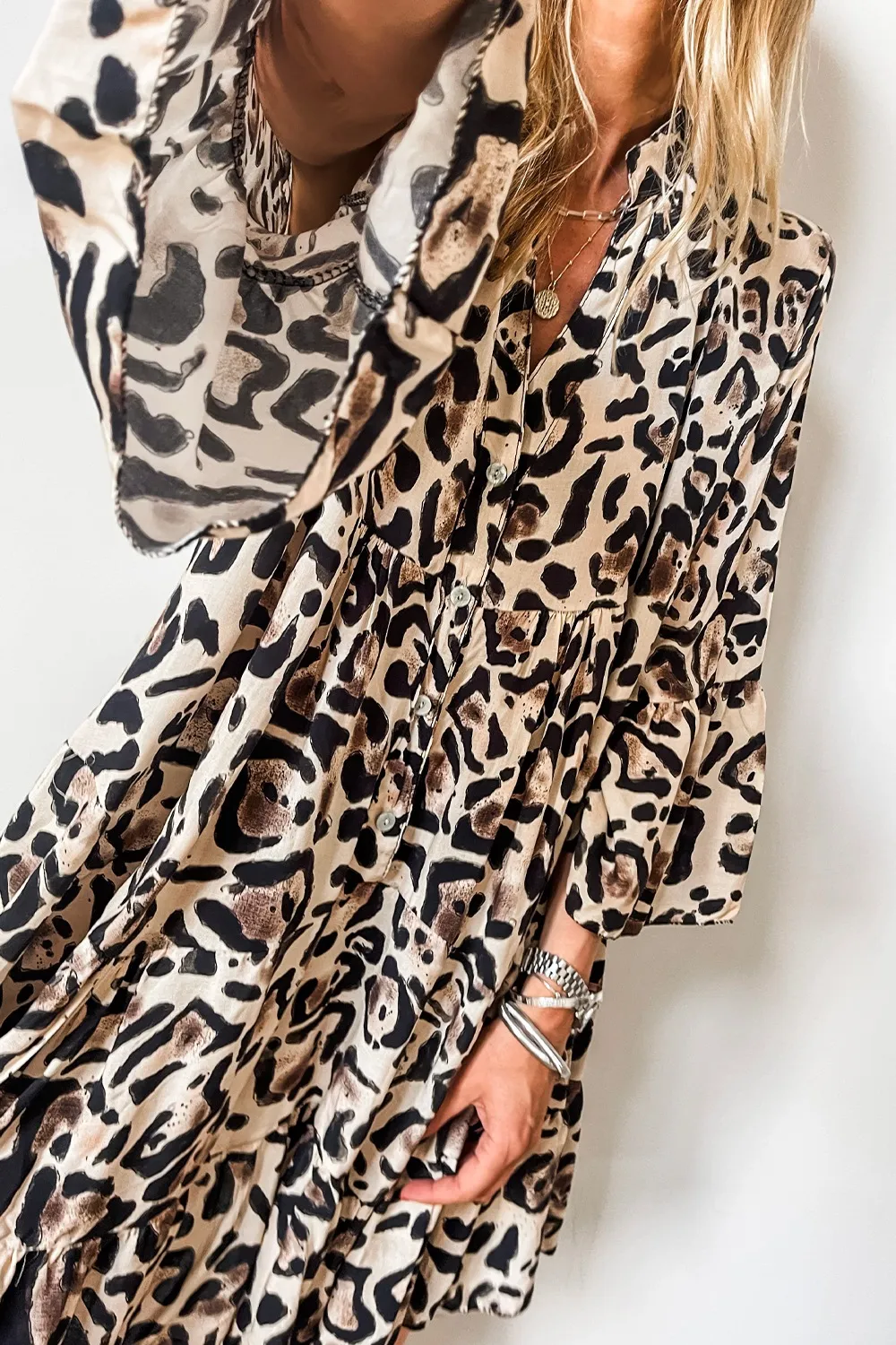 Leopard Print Buttoned Front 3/4 Sleeve Tiered Ruffled Hem Dress, image 22