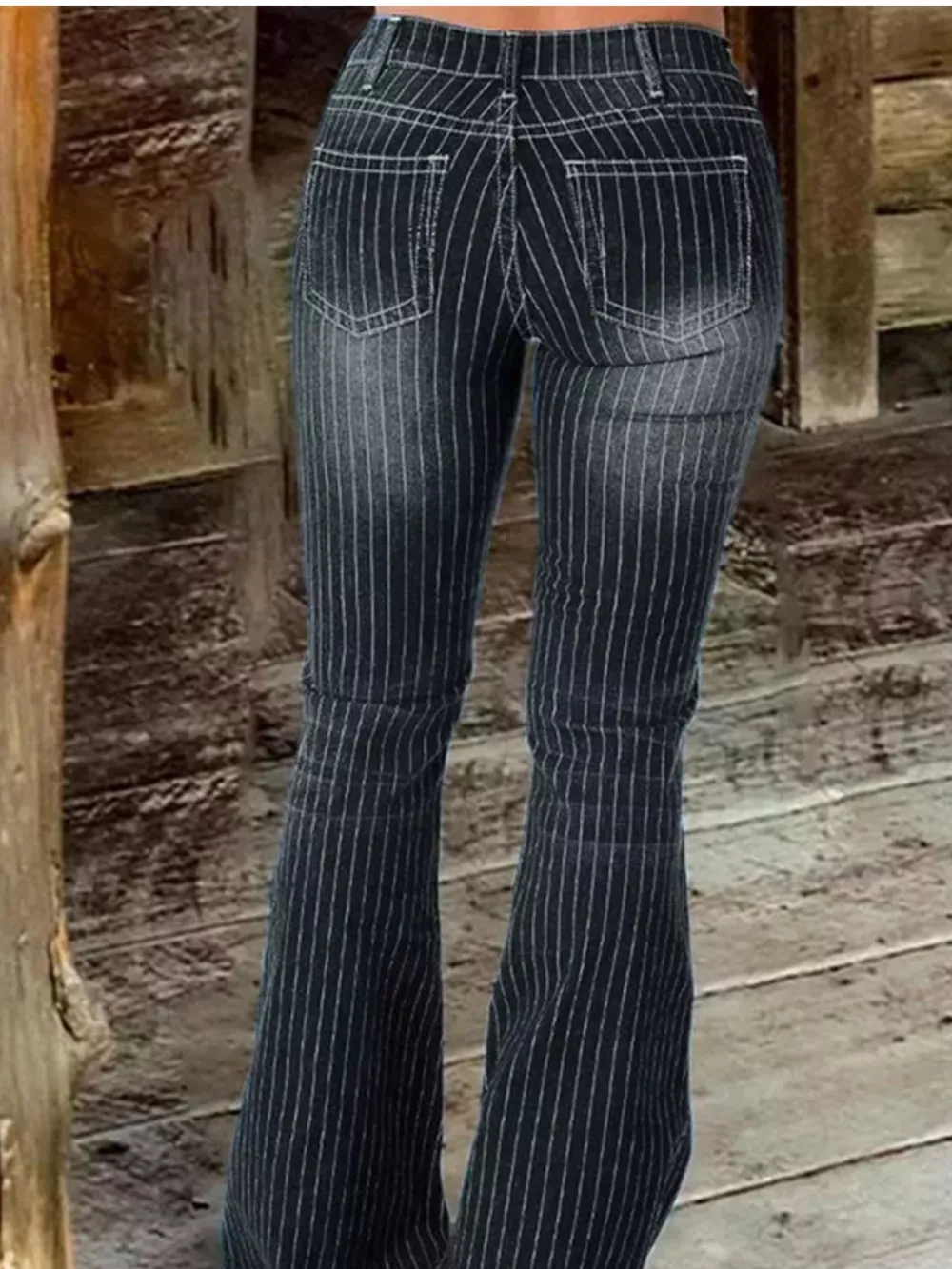 Striped Button Fly Flare Jeans, image 9