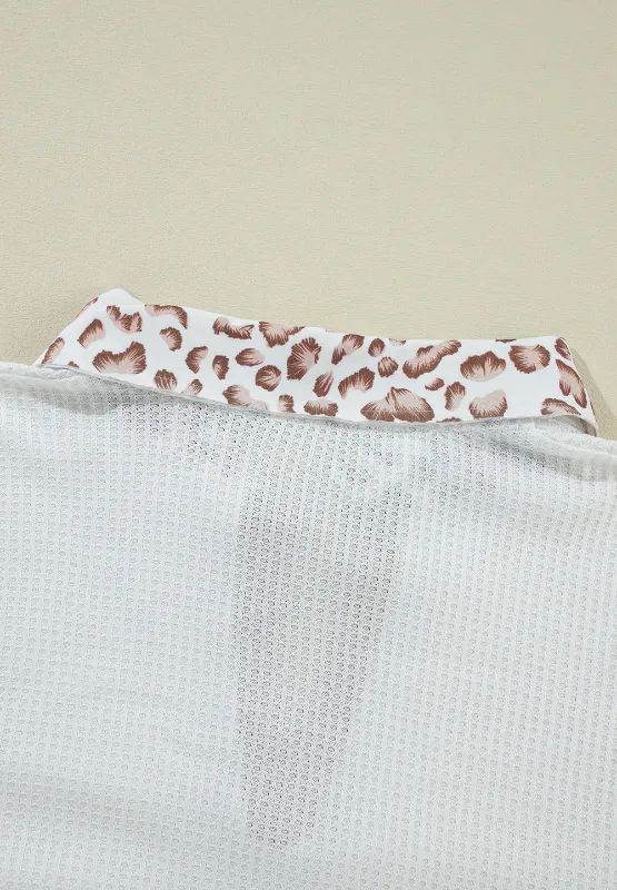 Waffle-Knit Leopard Johnny Collar Long Sleeve Top, image 8