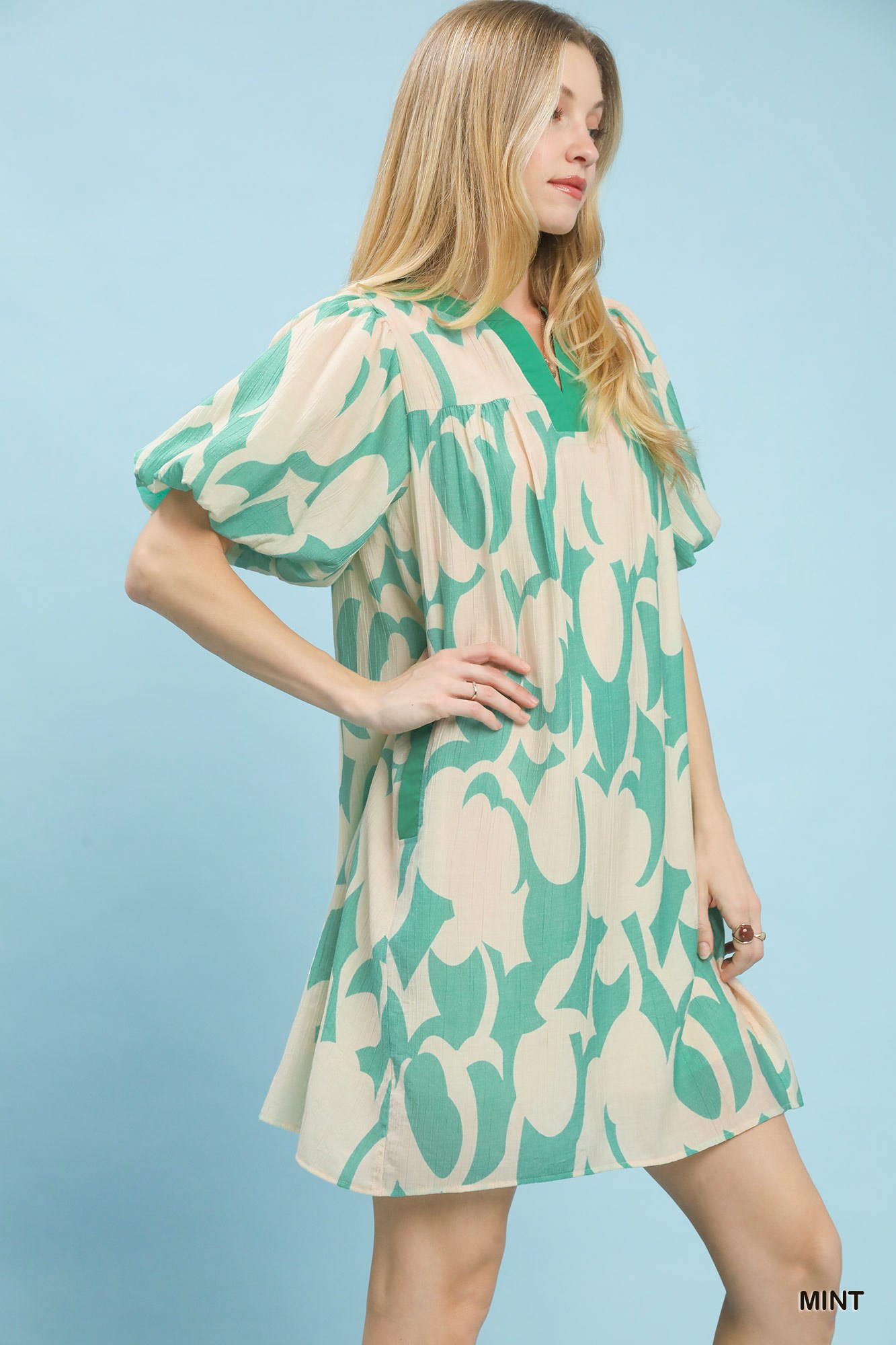 Abstract Print Puff Sleeve Shift Dress, image 2