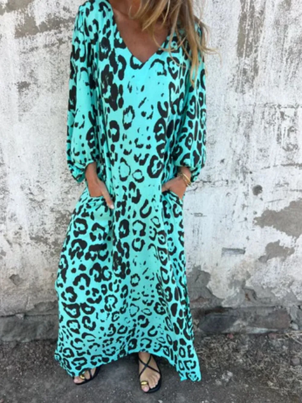 Full Size Printed V-Neck Dress with Pockets Plus Size