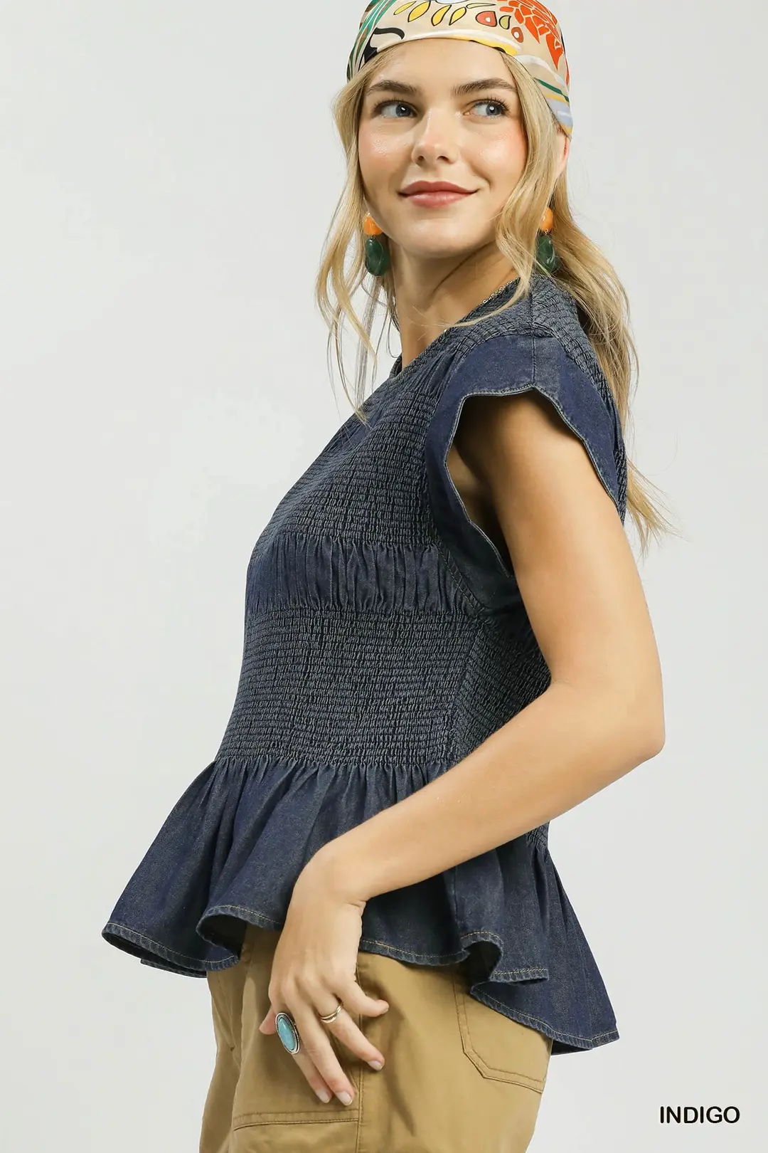 Smocked Peplum Top with Scalloped Ruffle Cap Sleeves, image 2