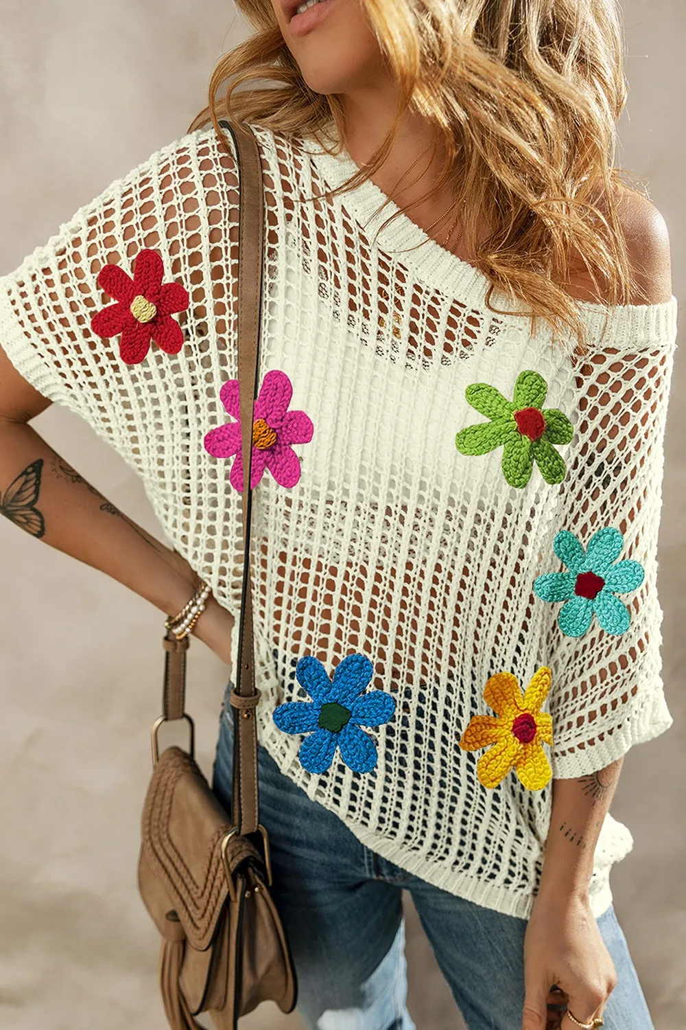 Flower Round Neck Half Sleeve Knit Cover Up, image 9