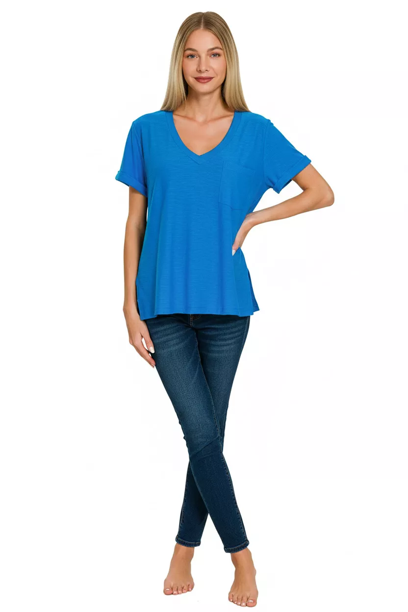 Slub Rolled Short Sleeve V-Neck Tee, image 2