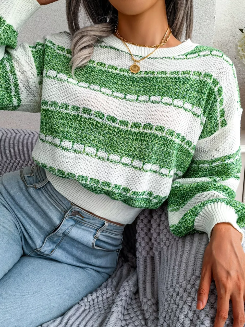 Color Block Round Neck Cropped Sweater, image 13