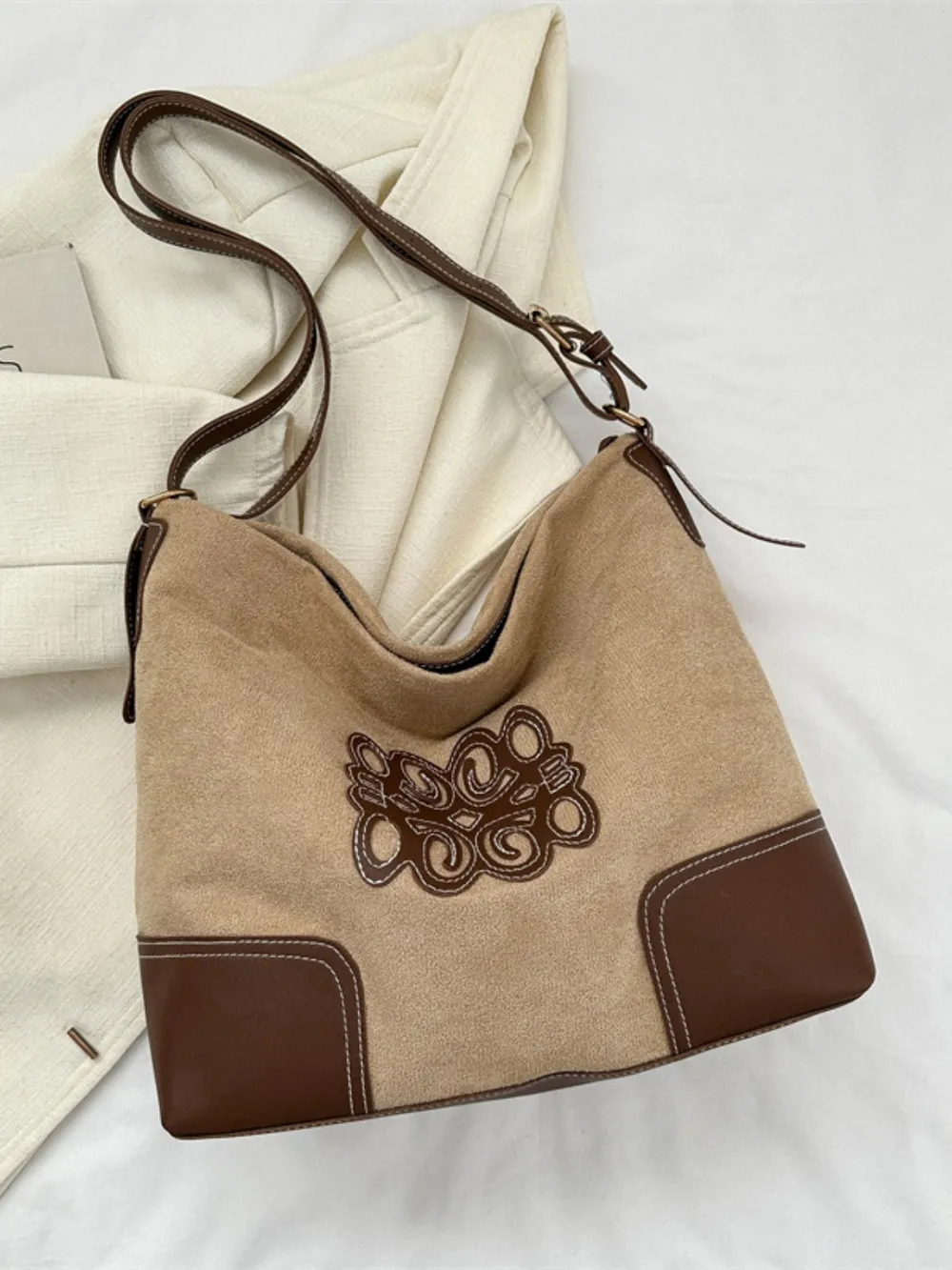 Suede Patch Adjustable Strap Tote Bag, image 7