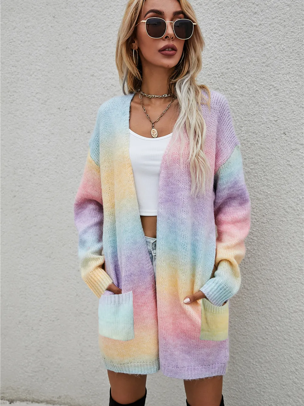 Full Size Pocketed Open Front Gradient Cardigan