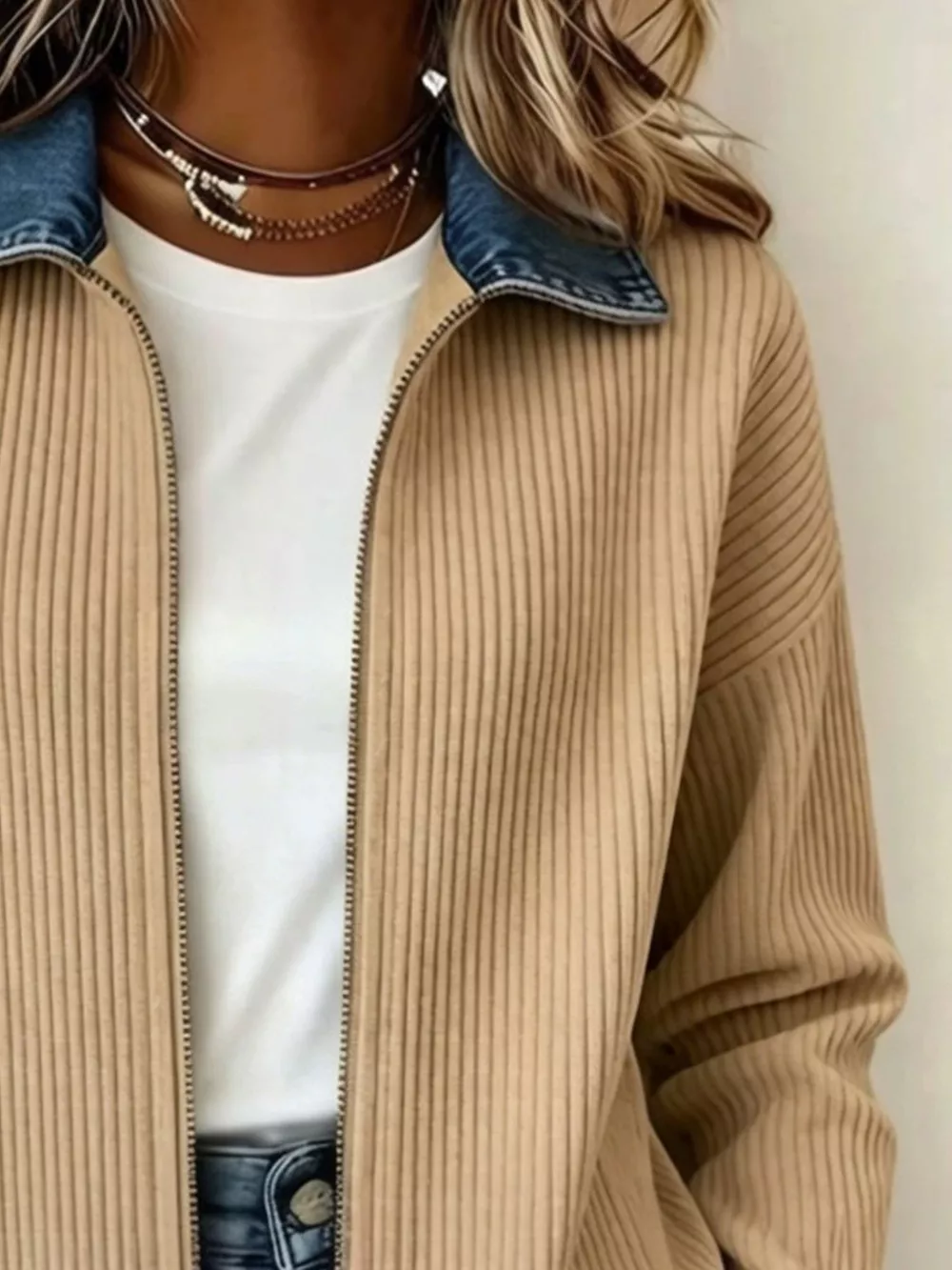 Contrast Denim Collar Ribbed Knit Jacket, image 6