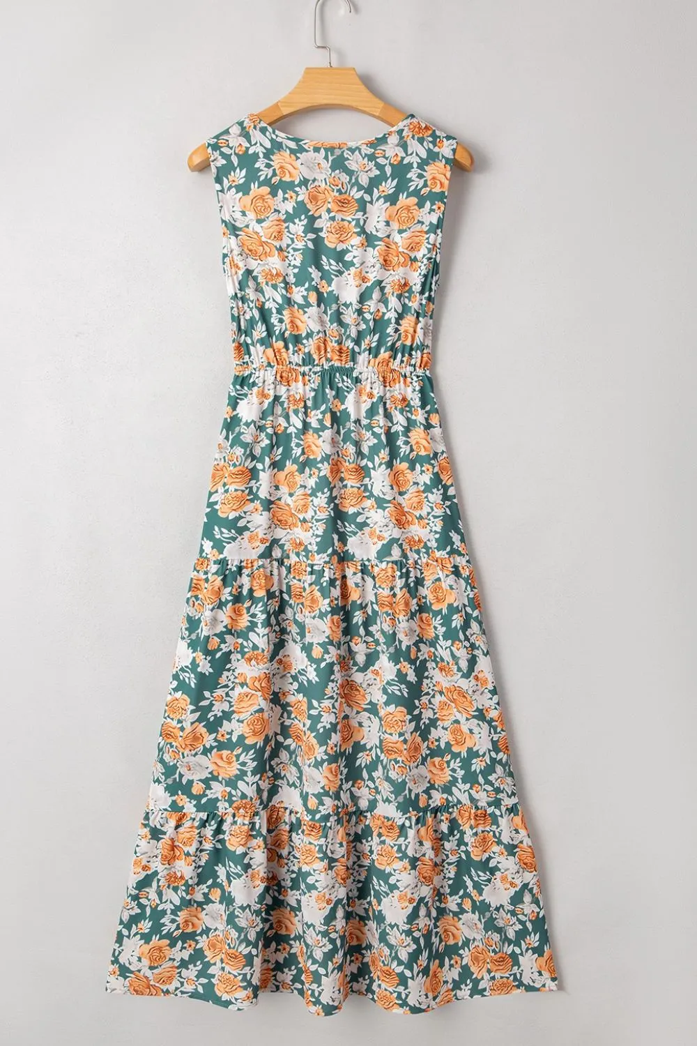 Floral Print Trimmed V Neck Tie Waist Sleeveless Dress, image 13