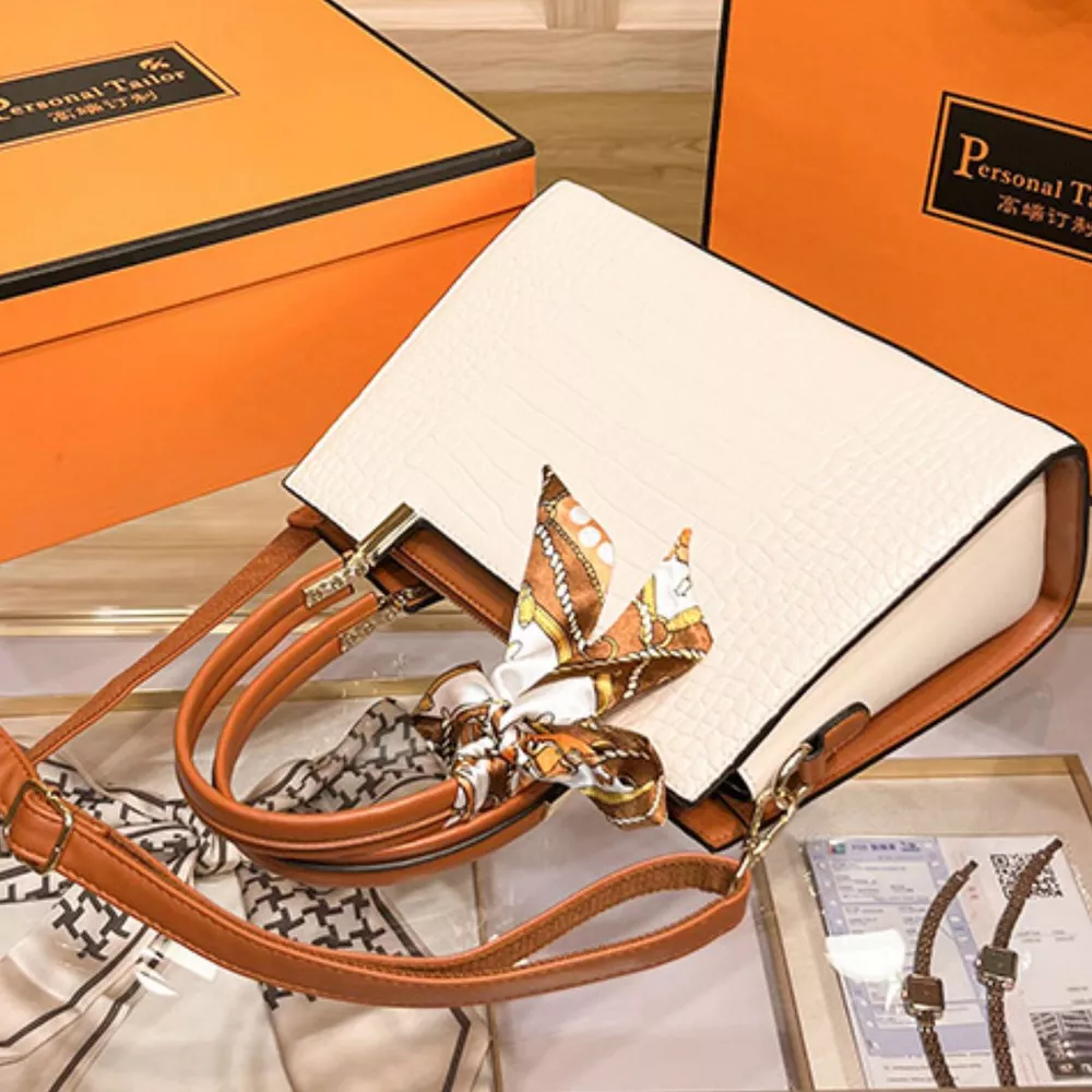 Crocodile Embossed Top Handle Handbag with Scarf, image 4