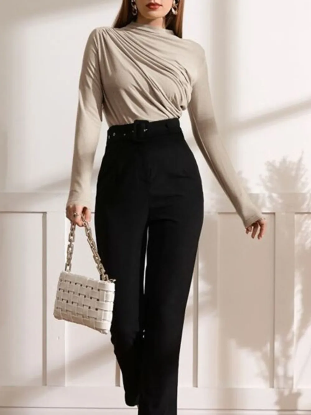 Mock Neck Ruched Long Sleeve T-Shirt, image 16