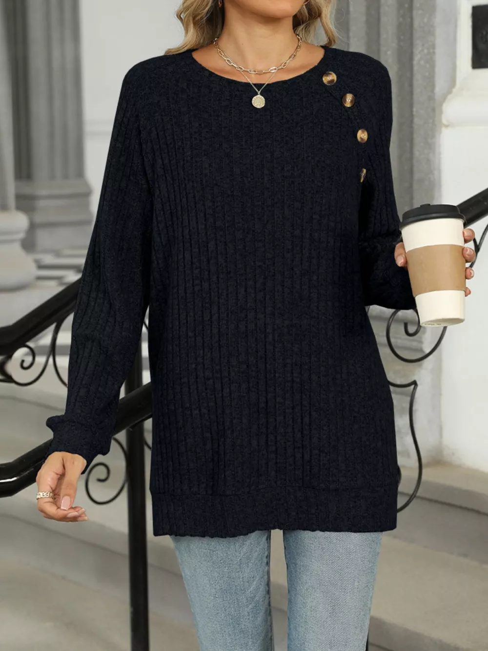 Round Neck Side Slit Ribbed Knit Top with Asymmetric Button Detail, image 16