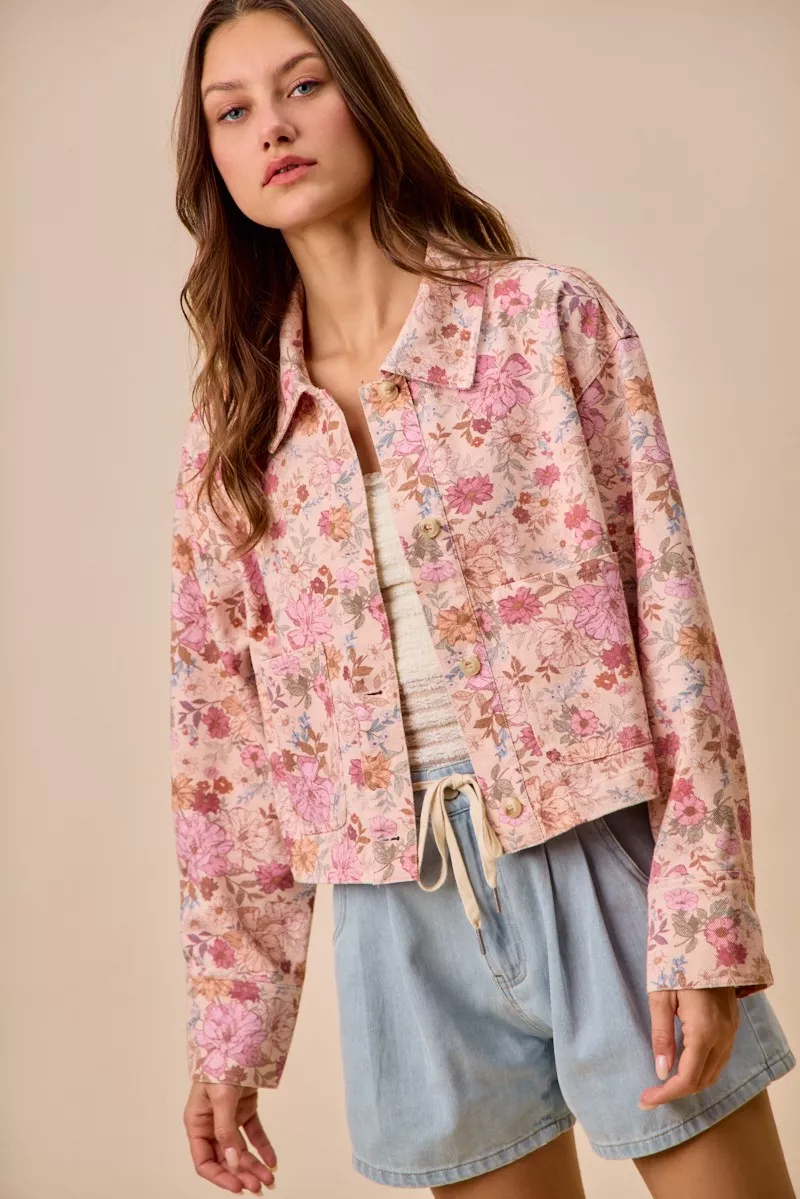 Floral Print Cotton Twill Button Down Barn Jacket, image 6