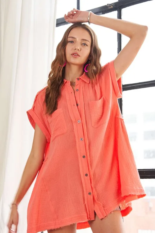 Raw Hem Collared Neck Button Down Shirt