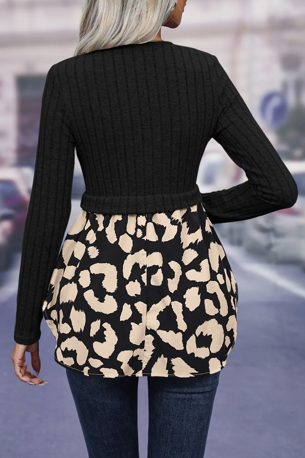 Leopard Peplum Round Neck Blouse, image 6